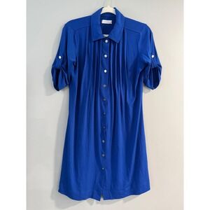 Calvin Klein Women's Blue Pleated Button Down Roll Tab Sleeve Dress Size 4‎